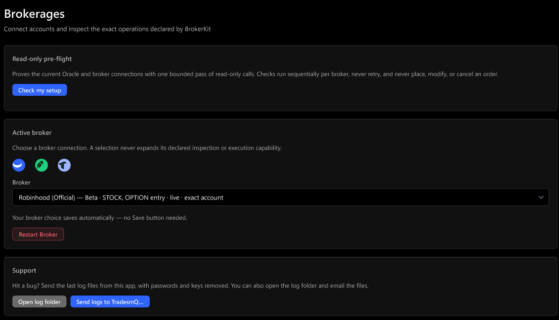 Relay Brokerages connection selector with declared BrokerKit capability limits
