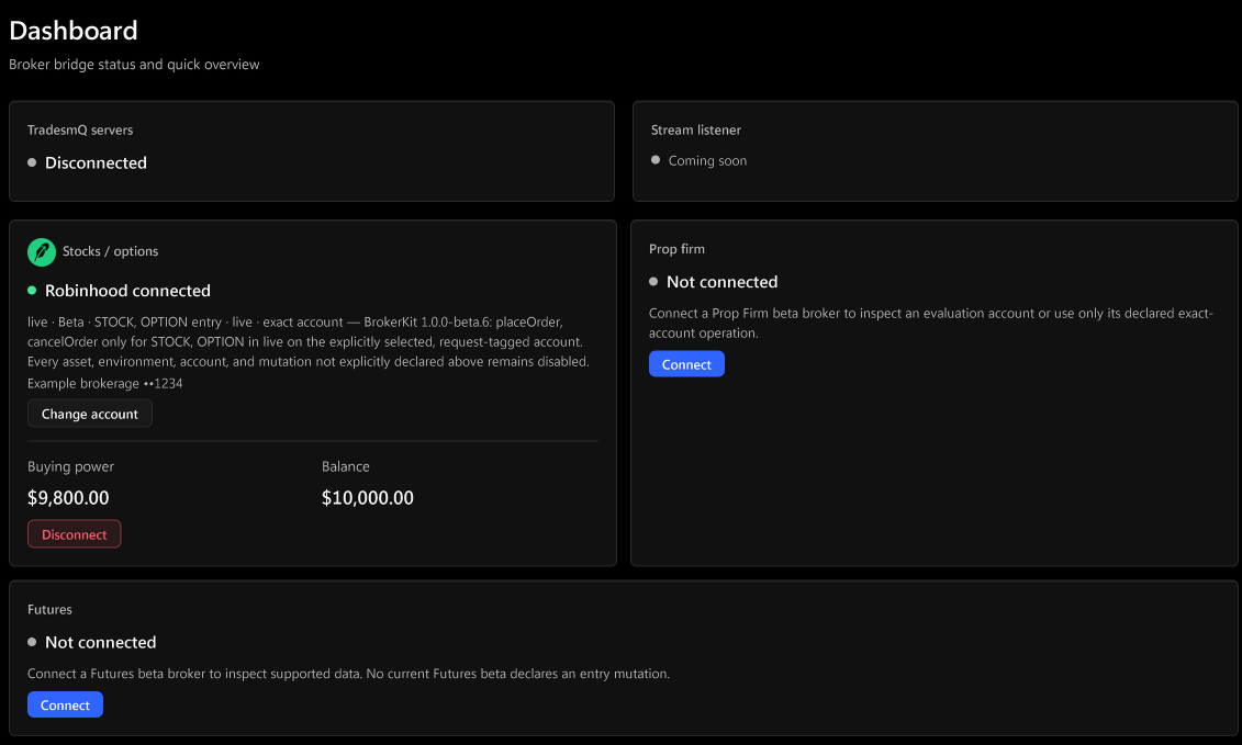Relay Dashboard brokerage connection slots and fictional account balances