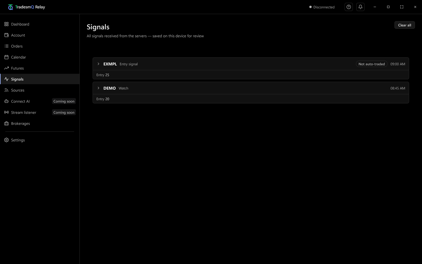Relay Signals list with two fictional alerts and their observation status