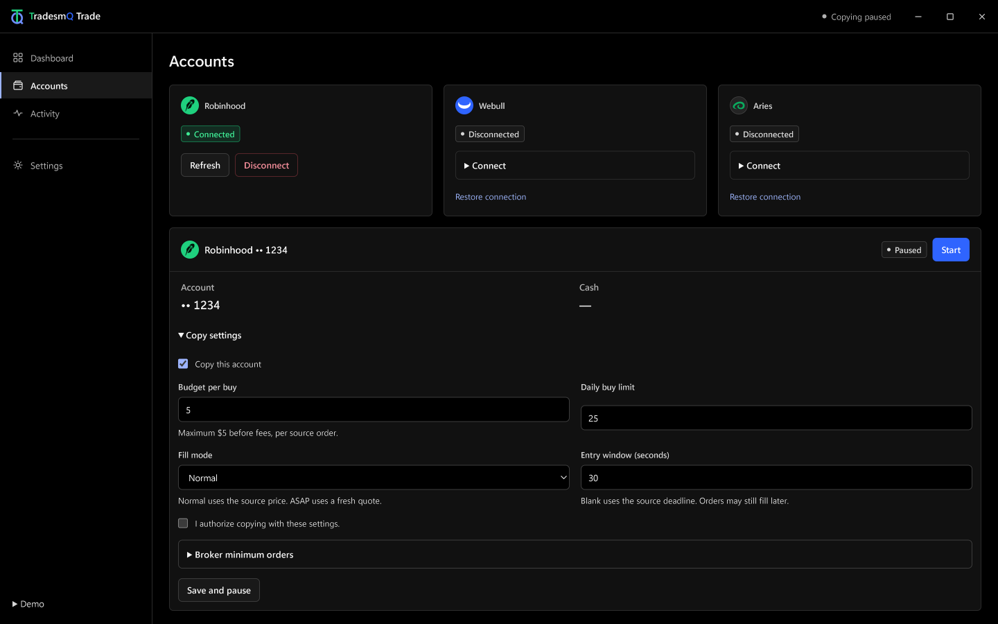 Trade Accounts brokerage connections and expanded per-account copy settings