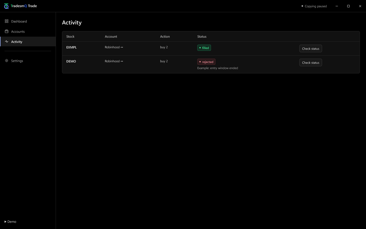 Trade Activity table with one fictional filled order and one rejected order