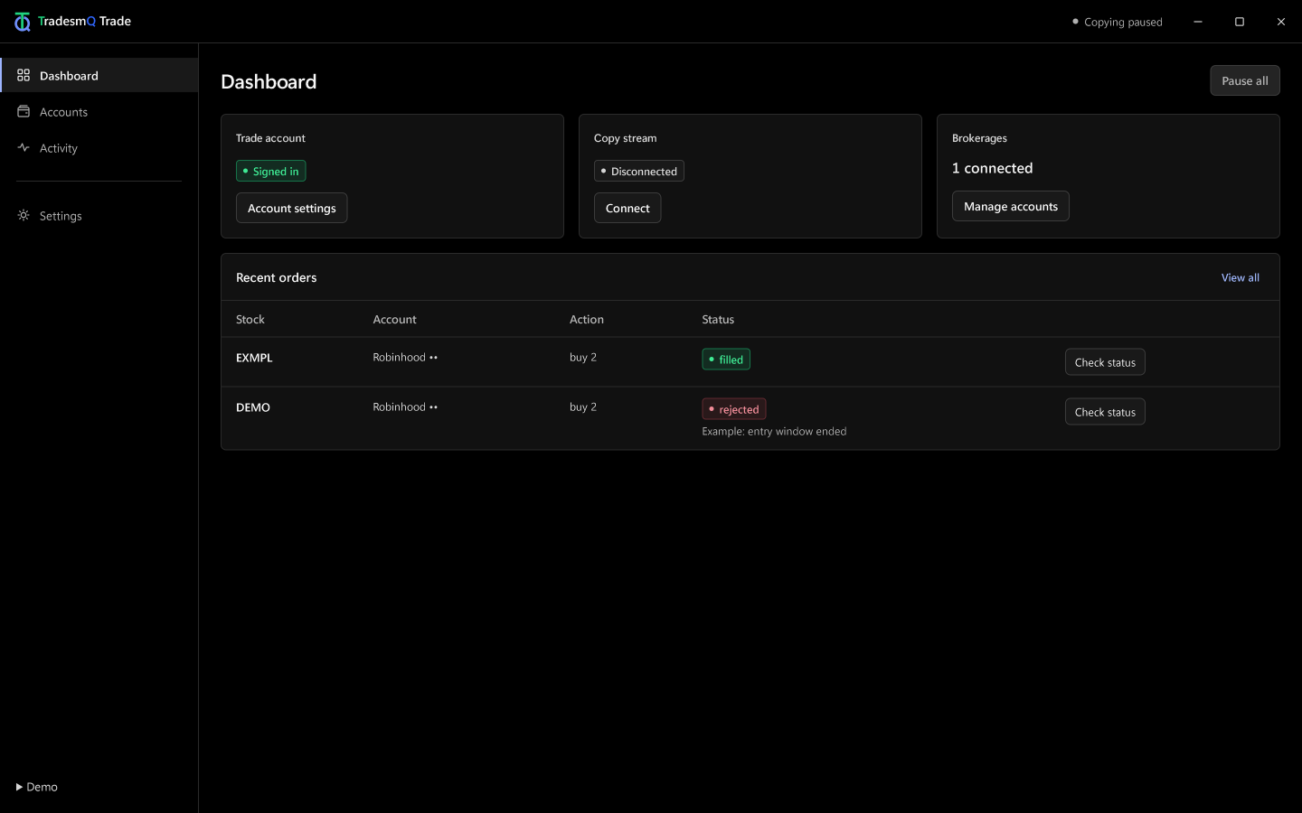 Trade Dashboard account and connection status